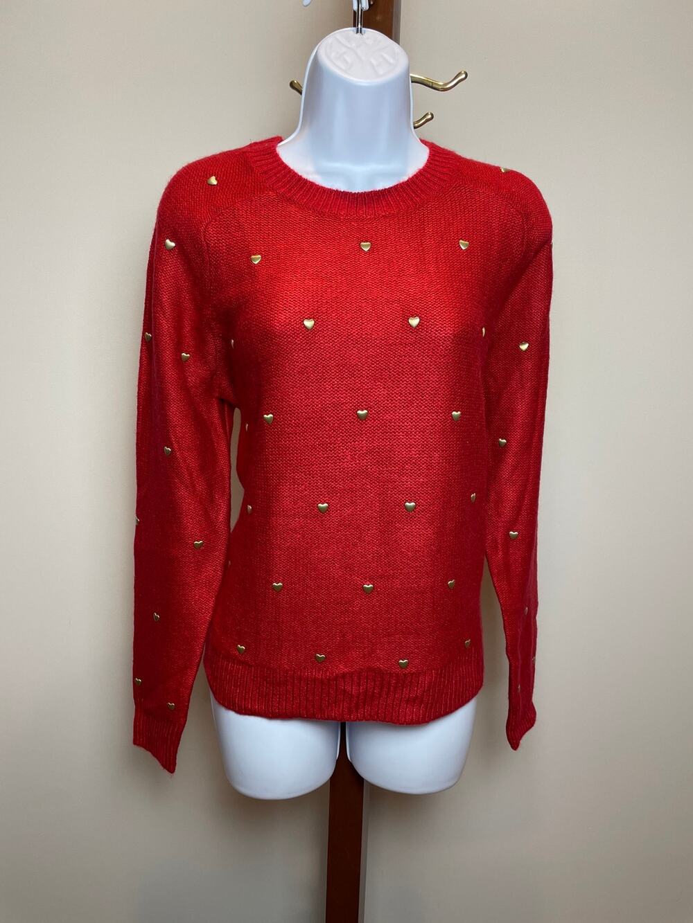 Lucky Brand Sweater Size M Red Knit Crew Neck Gold Heart Detail EUC